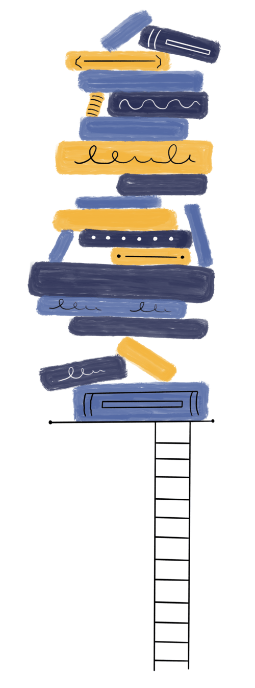 An illustration of a stack of books balanced on a ladder